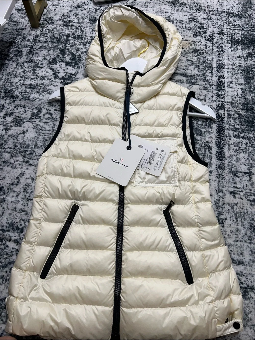 Moncler Ivory Quilted Hooded Down Vest with Black Trim